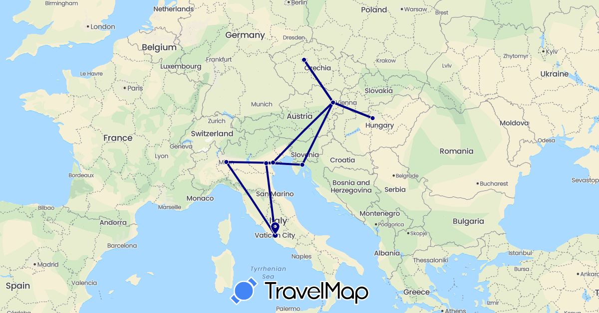 TravelMap itinerary: driving in Austria, Czech Republic, Croatia, Hungary, Italy (Europe)